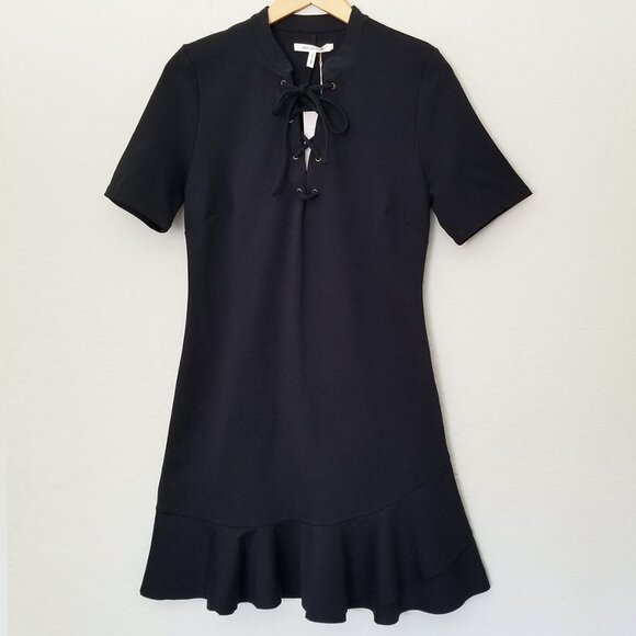 NEW Avec Les Filles Black Ponte Knit Lace-Up Dress M LBD Slimming Classic Modest - Picture 4 of 16